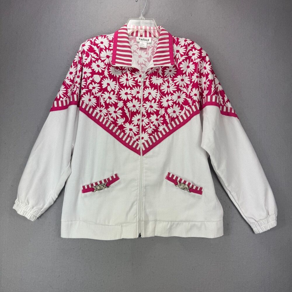 VIntage Rafael Jacket Women's L White & Pink Raglan Sleeve 80's Colorful Flowers